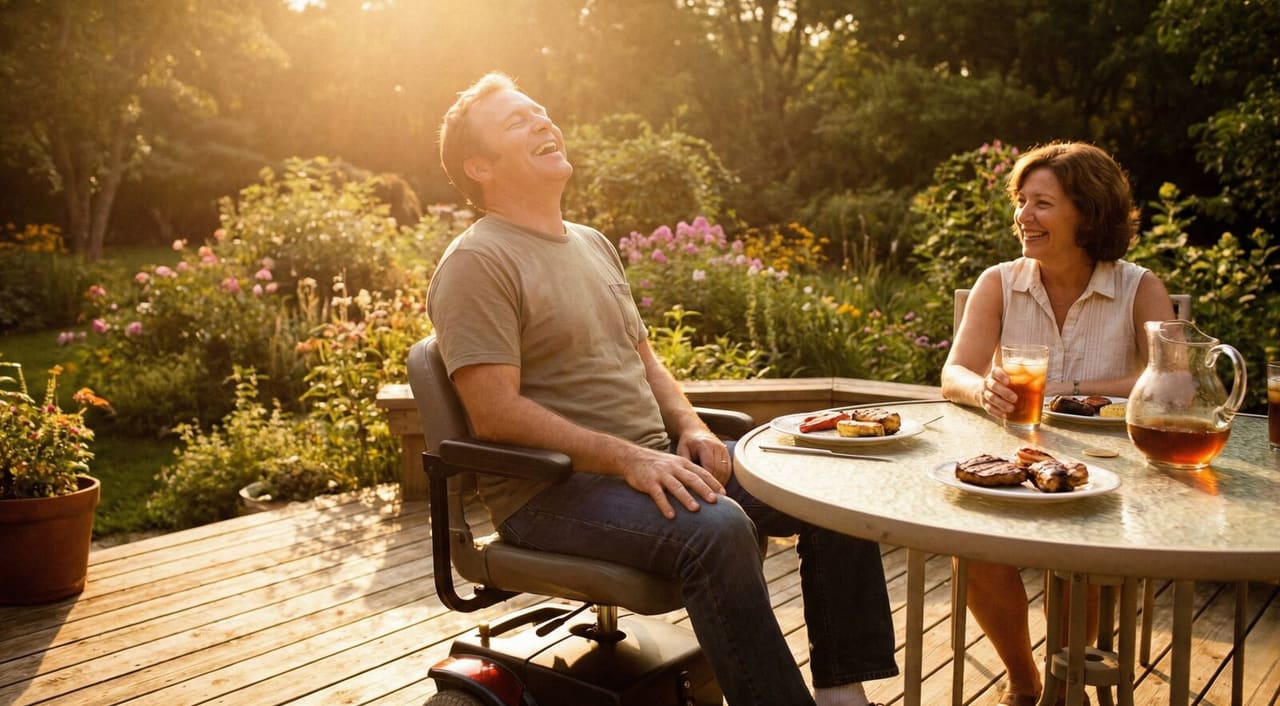 An older couple laughs over lunch in their sunlit garden — the kind of life Ohio Medicaid family caregiving keeps possible at home.