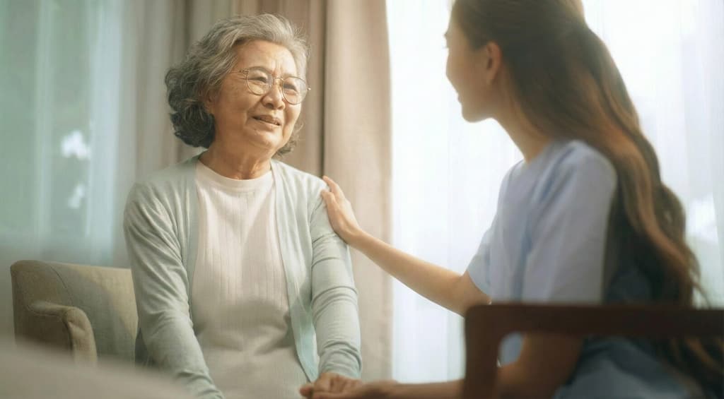 A CareCheck registered nurse rests a reassuring hand on a senior client's shoulder during the in-home care plan visit — every CareCheck plan is built and supervised by an RN.