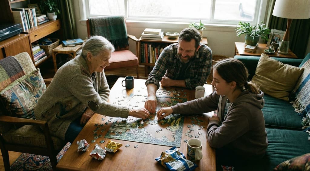 A multigenerational Ohio family works on a puzzle together — adult children, parents, and grandchildren staying connected at home.
