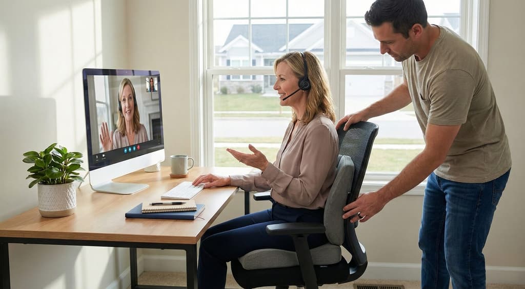 A trained Home Health Aide consults with the CareCheck registered nurse on a video call between in-home visits — every Ohio Medicaid HHA care plan is supervised by an RN, as state regulations require.