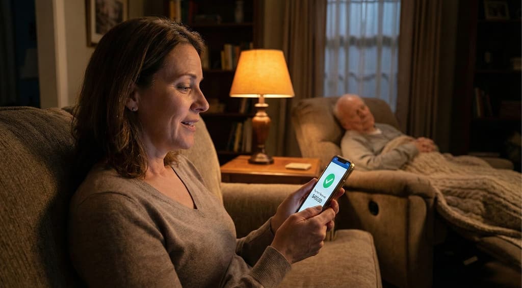 An Ohio family caregiver checking her phone in the evening — taking the two-minute eligibility check from her own kitchen.